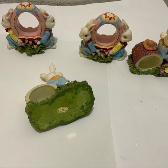 Set of 4 Easter Napkin Ring Holders Bunny Rabbit Sitting on Log Spring Resin G17 - Picture 5 of 8